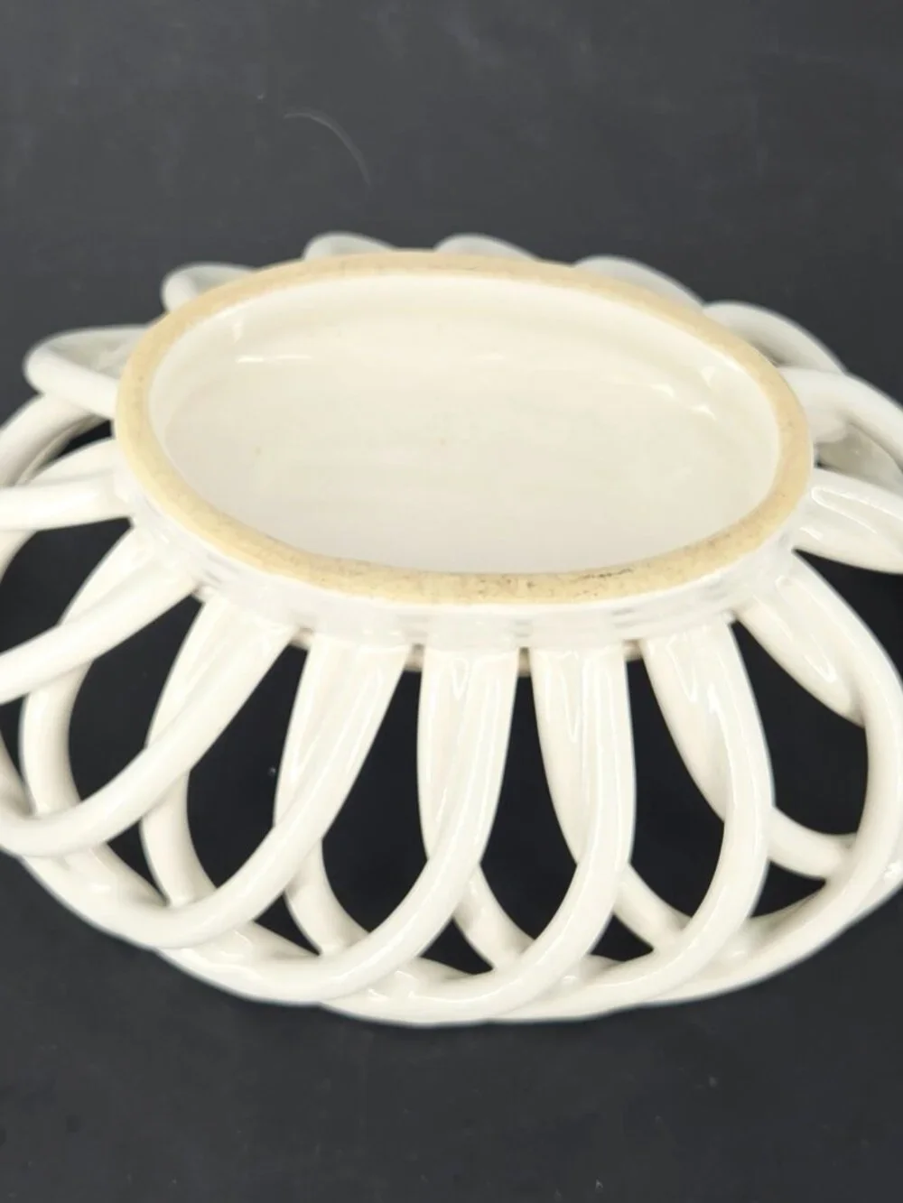 1970s Hand Woven Ceramic Lattice White Classic Ceramic Bread Basket/Fruit Bowl